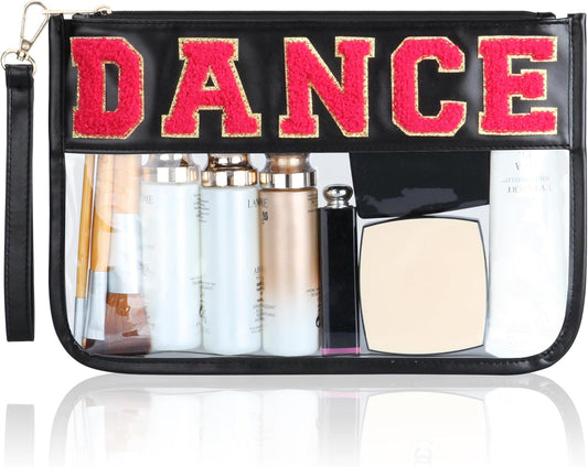Dance Recital Gifts, Clear Makeup Letter Bag, Chenille Letter Patch Cosmetic Bag, Dance Competition Gift, Toiletry Pouches with Zipper, Waterproof Travel Purse for Girl Women Appreciation