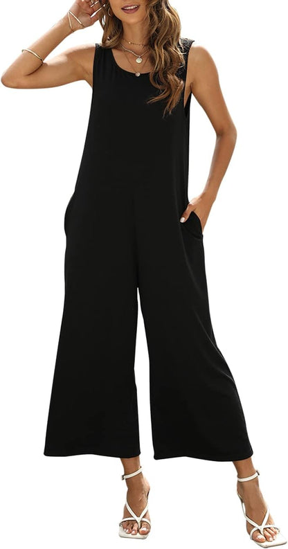 Women's Summer Casual Loose Tank Jumpsuit Sleeveless Crewneck Jumpsuit Romper Outfits with Pockets