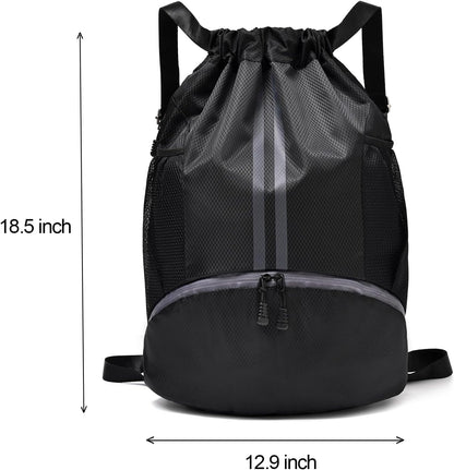 Drawstring Gym Bag for Men, Waterproof Drawstring Backpack for Women, Swim with Shoes Compartment, Pull String Sport Bag for Soccer and Basketball. (Grey)