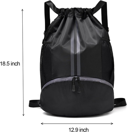 Drawstring Gym Bag for Men, Waterproof Drawstring Backpack for Women, Swim with Shoes Compartment, Pull String Sport Bag for Soccer and Basketball. (Grey)