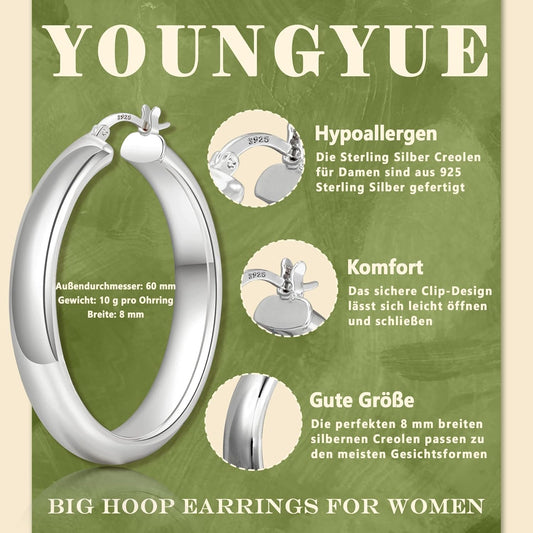 8mm Wide Chunky Gold Hoops 14K Real Gold Plated Hypoallergenic 925 Sterling Silver Hoops Lightweight Big Gold Hoop Earrings for Women 30/40/50/60mm