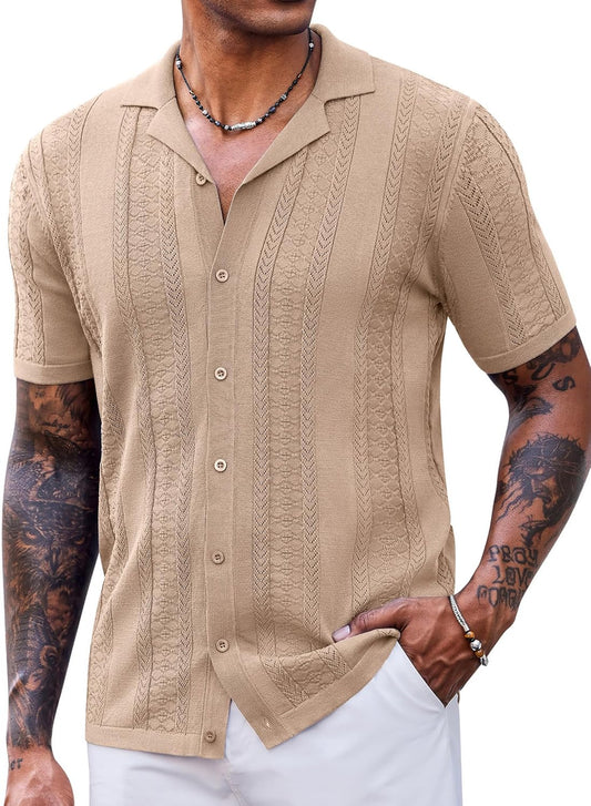 COOFANDY Men's Knit Shirts Vintage Short Sleeve Button Down Shirt Casual Summer Beach Shirt