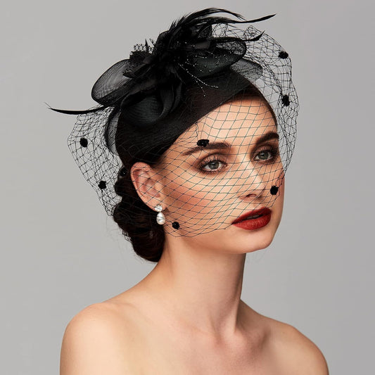 TS Fascinators Hat Tea Party Hat Mesh Floral Feather Hair Clip Women Fascinator Headband with Veil for Wedding Cocktail