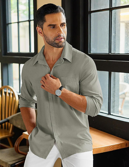 COOFANDY Men's Long Sleeve Button Down Shirts Casual Cotton Linen Shirts Summer Beach Shirt with Pocket
