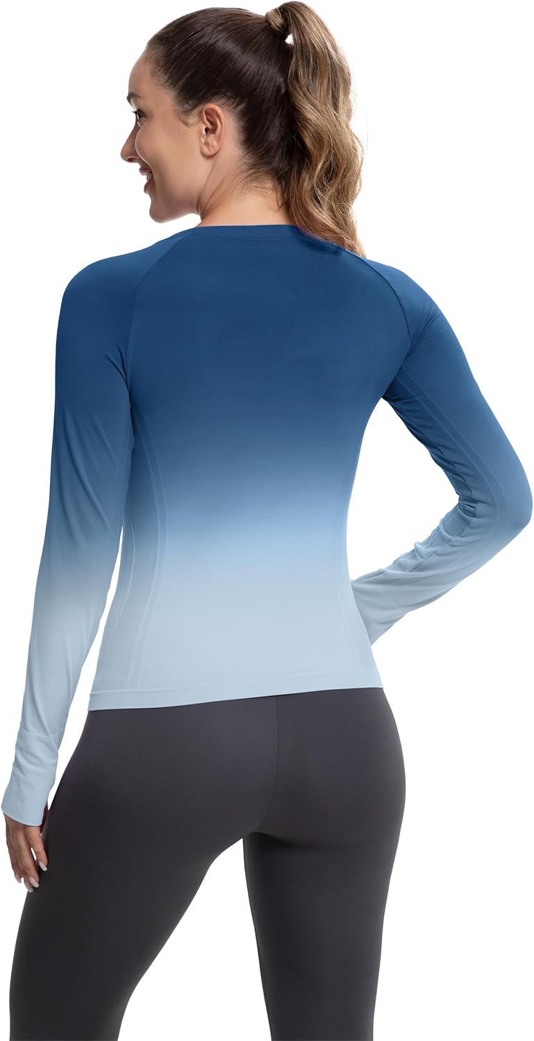 MathCat Long Sleeve Workout Tops for Women, Gradient Running Athletic Shirts, Seamless Breathable Tops with Thumb Holes