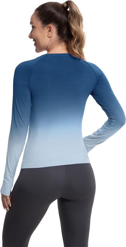 MathCat Long Sleeve Workout Tops for Women, Gradient Running Athletic Shirts, Seamless Breathable Tops with Thumb Holes