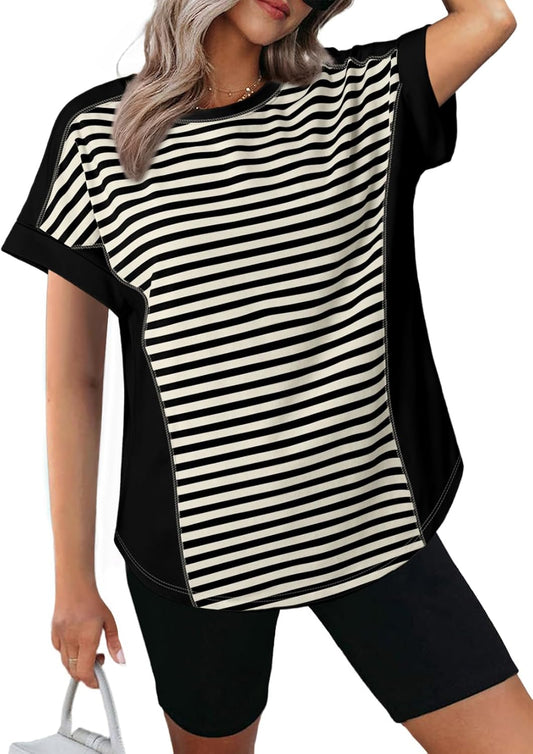 Dokotoo T Shirts for Women Striped Color Block Crewneck Short Sleeve Casual Workout Tops Loose High Low Blouses
