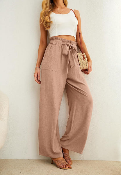 IWOLLENCE Women's Wide Leg Pants with Pockets High Waist Adjustable Knot Loose Casual Trousers Business Work Casual Pants