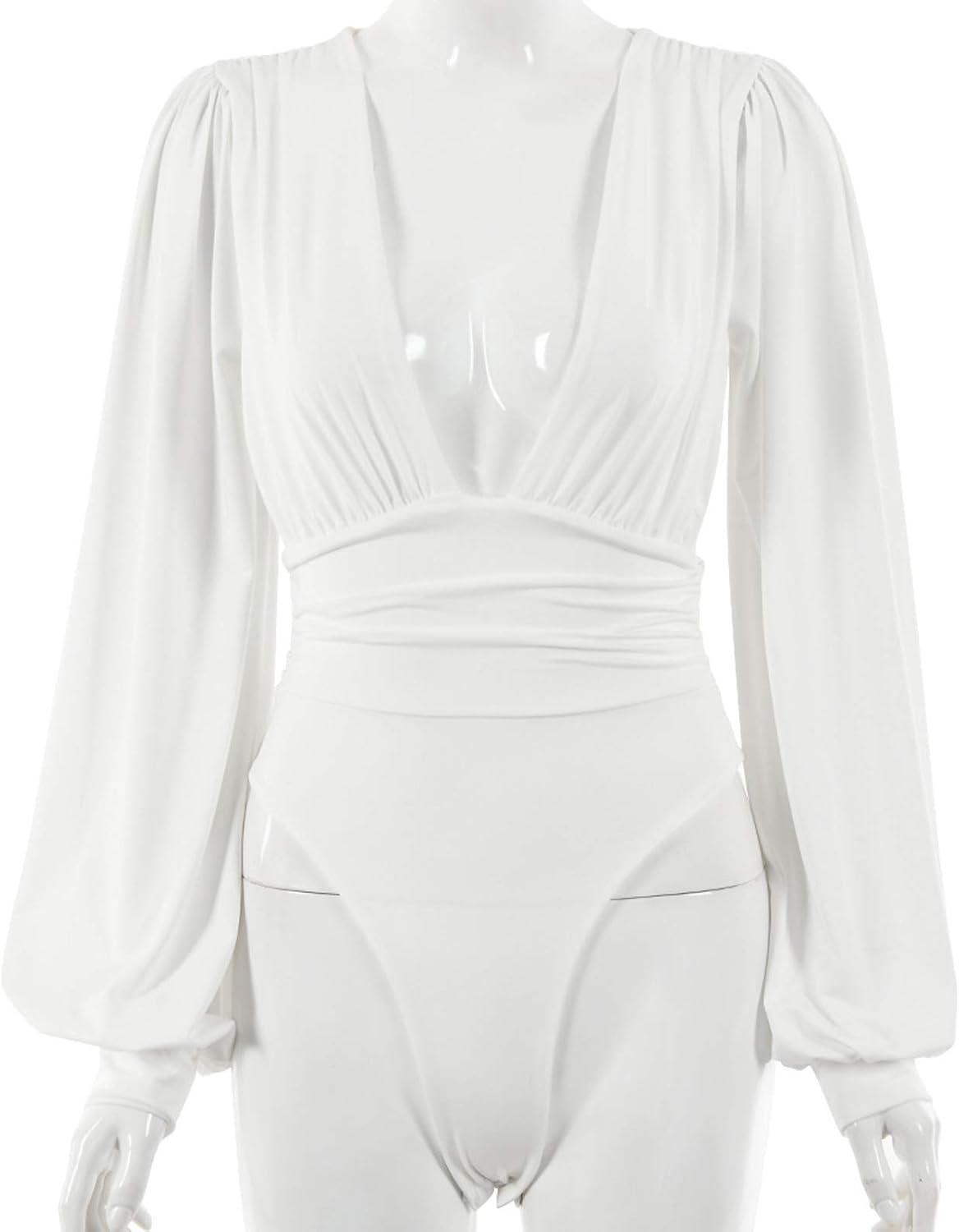 Syydn Women's Deep V Neck Tops Sexy Puff Sleeve Bodycon Jumpsuit Stretchy Bodysuit Jumpsuits (White, X-Large)