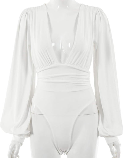 Syydn Women's Deep V Neck Tops Sexy Puff Sleeve Bodycon Jumpsuit Stretchy Bodysuit Jumpsuits (White, X-Large)
