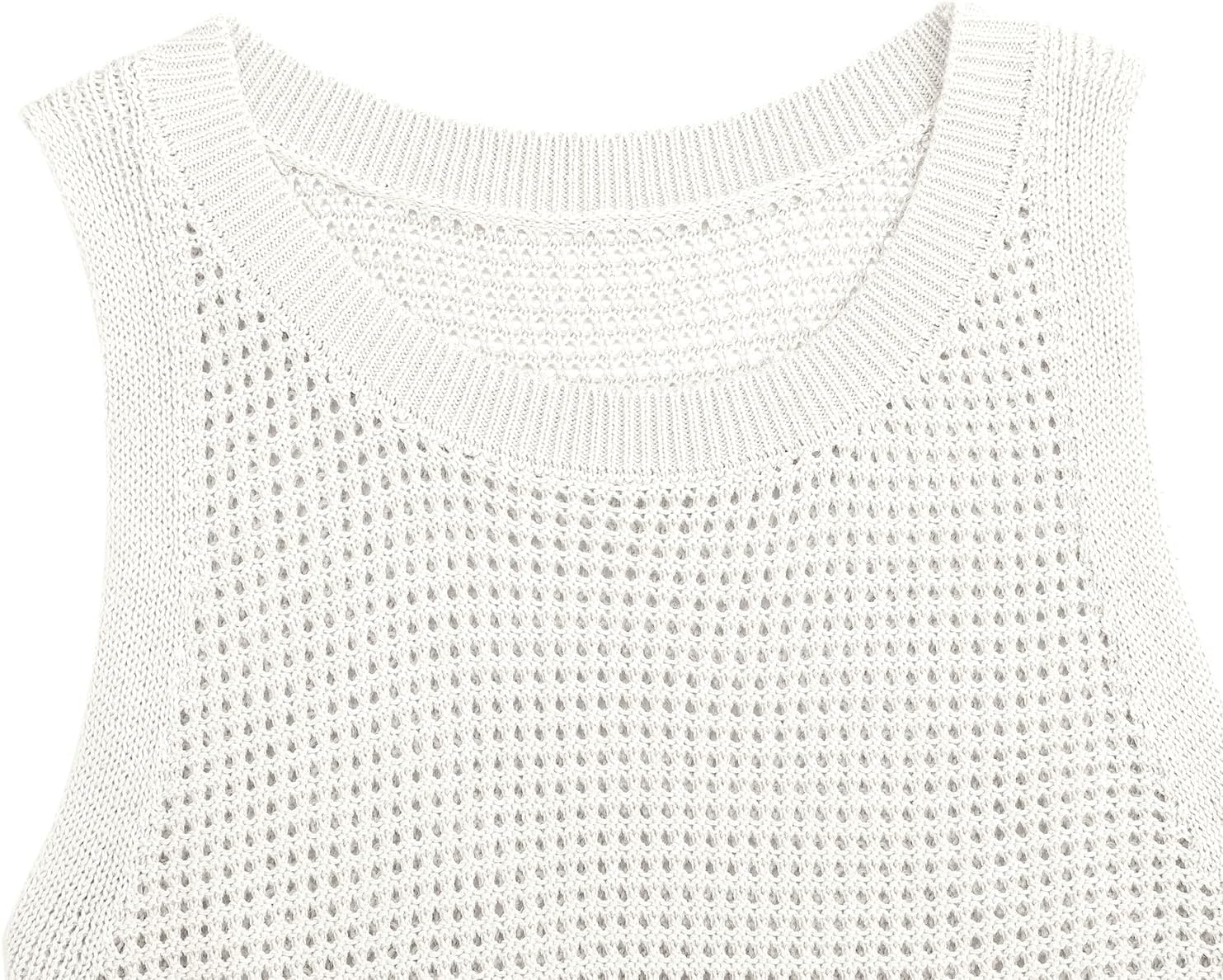 Womens Knit Sweater Vest Summer Tank Tops Round Neck Crochet Hollow Out Sleeveless Crop Top