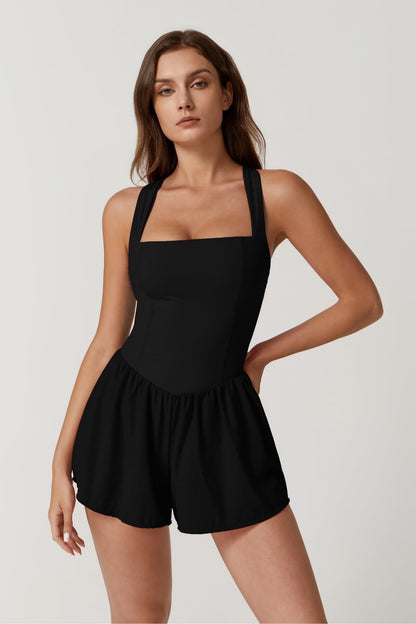 QINSEN Women's Square Neck Sleeveless Romper Jumpsuit Casual Summer One Piece Outfit with Pocket