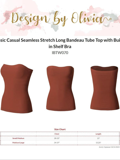 Design by Olivia Women's Basic Casual Seamless Stretch Long Bandeau Tube Top with Built-in Shelf Bra