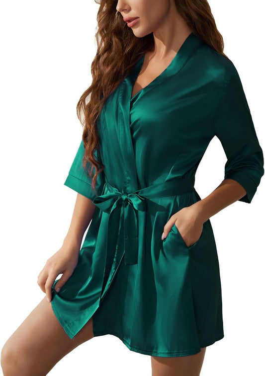 Senert Women's Silk Kimono Robe - Bride Bridesmaid Satin Sleepwear for Wedding Party - Short Silky Bathrobe
