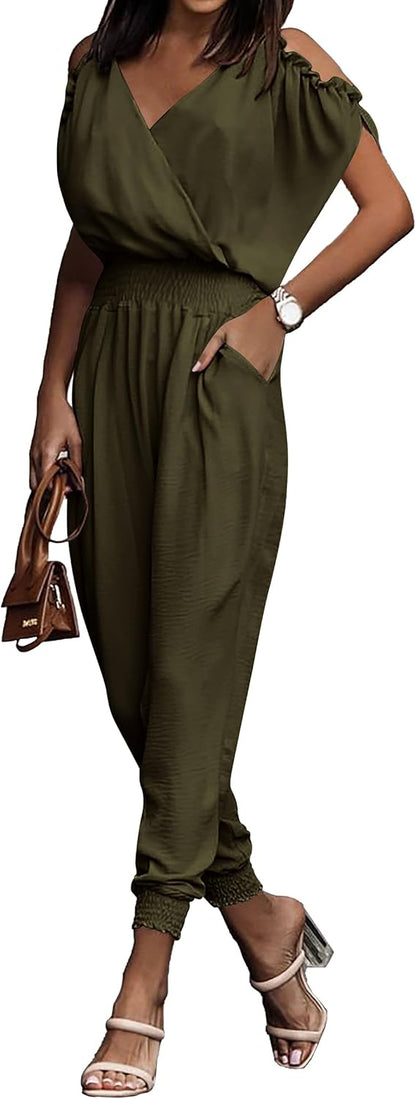PRETTYGARDEN Jumpsuit for Women Casual Wrap V Neck Cold Shoulder One Piece Outfits Pants Romper (Army Green,Small)