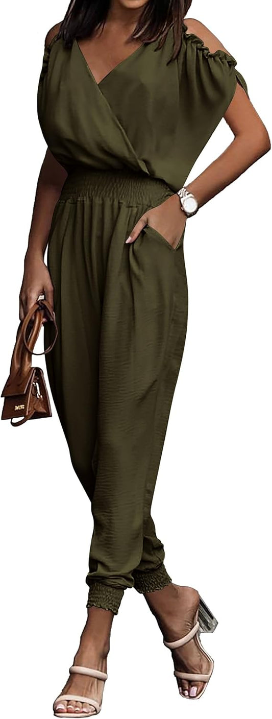 PRETTYGARDEN Jumpsuit for Women Casual Wrap V Neck Cold Shoulder One Piece Outfits Pants Romper (Army Green,Small)