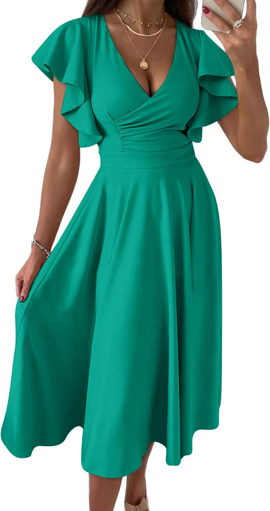 PRETTYGARDEN Summer Midi Dress 2025 Elegant Classy Ruffle Sleeve V Neck Cocktail Wedding Guest Spring Fit and Flared Dresses