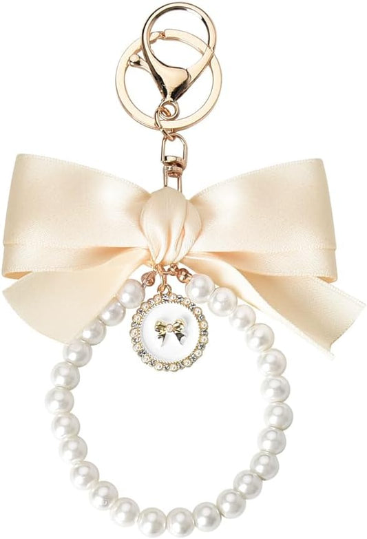 Pearl Bow Keychain Wistlet for Girls Women Bow Pearl Keychains Pink Black Beige