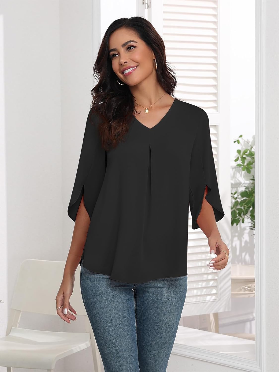 LAOLASI Womens Summer Chiffon Blouses 3/4 Sleeve V Neck Casual Loose Work Tops for Leggings 2025 Flowy Dressy Tshirts