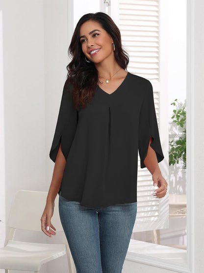 LAOLASI Womens Summer Chiffon Blouses 3/4 Sleeve V Neck Casual Loose Work Tops for Leggings 2025 Flowy Dressy Tshirts