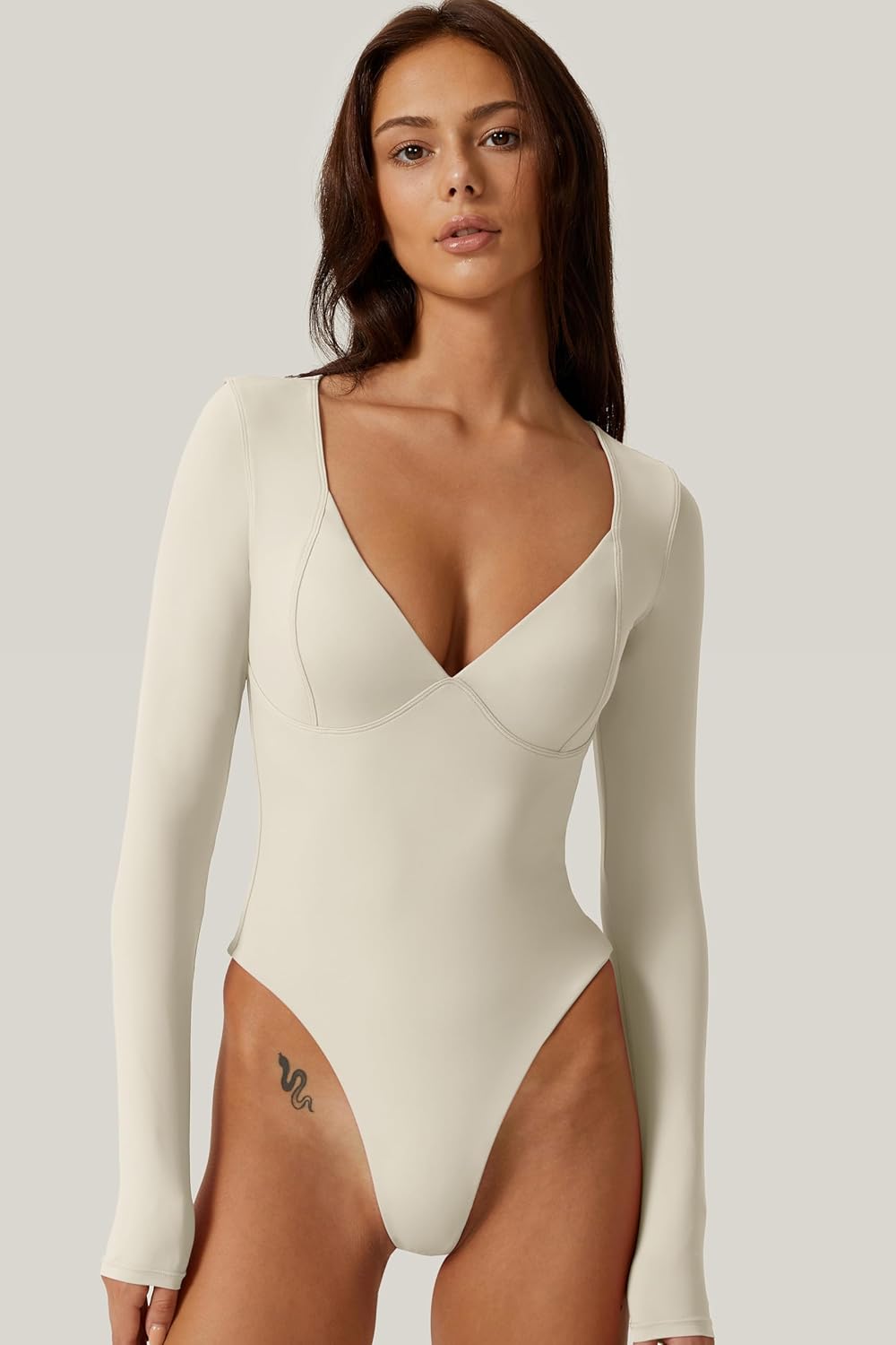 QINSEN Women's Long Sleeve Bodysuit V Neck Body Suits Seamed Cup Going Out Tops Shirt