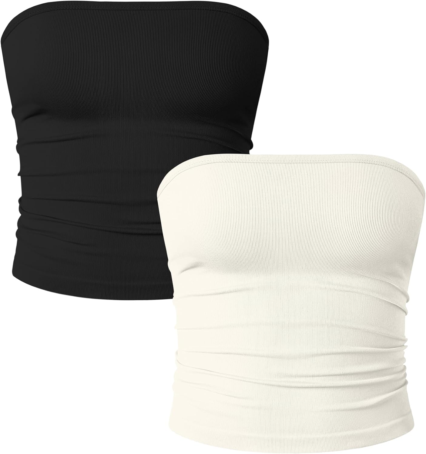 OQQ Womens 2 Piece Tube Tops Strapless Basic Sleeveless Stretch Classic-Fit Shirts Sexy Crop Tops