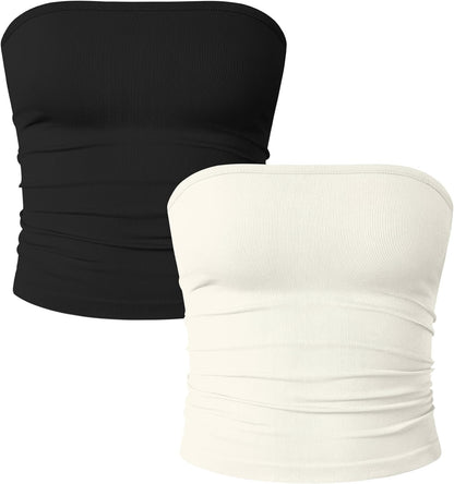 OQQ Womens 2 Piece Tube Tops Strapless Basic Sleeveless Stretch Classic-Fit Shirts Sexy Crop Tops