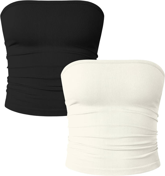 OQQ Womens 2 Piece Tube Tops Strapless Basic Sleeveless Stretch Classic-Fit Shirts Sexy Crop Tops