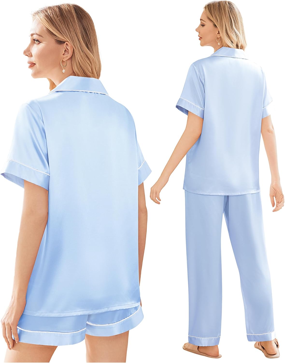 Ekouaer Silk Pajamas for Women Set Satin Pjs Soft Short Sleeve Button Down Sleepwear 3 Piece Loungewear S-XXL
