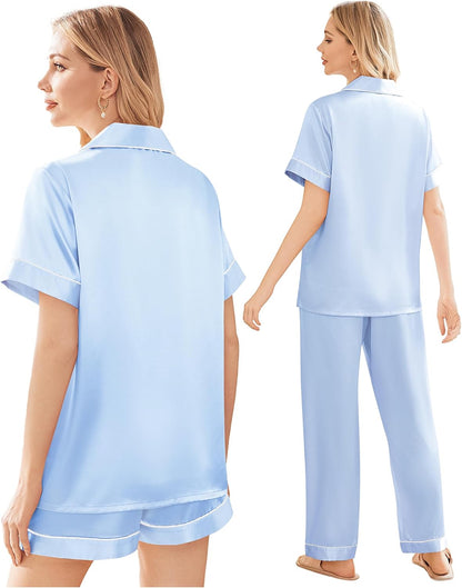 Ekouaer Silk Pajamas for Women Set Satin Pjs Soft Short Sleeve Button Down Sleepwear 3 Piece Loungewear S-XXL