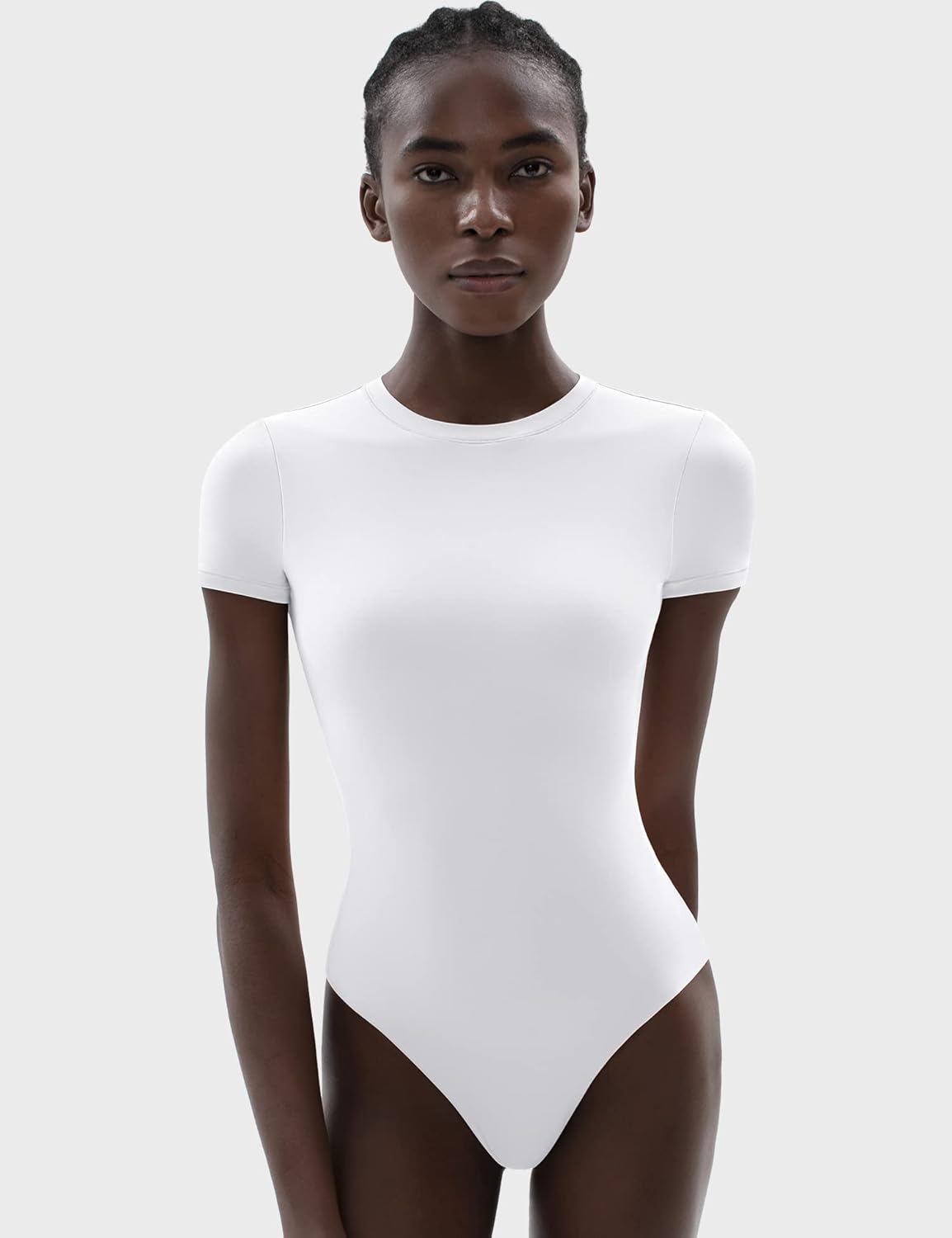 PUMIEY Women's Crew Neck Short Sleeve Thong Bodysuit Fashion T-shirt Tops Smoke Cloud Pro Collection
