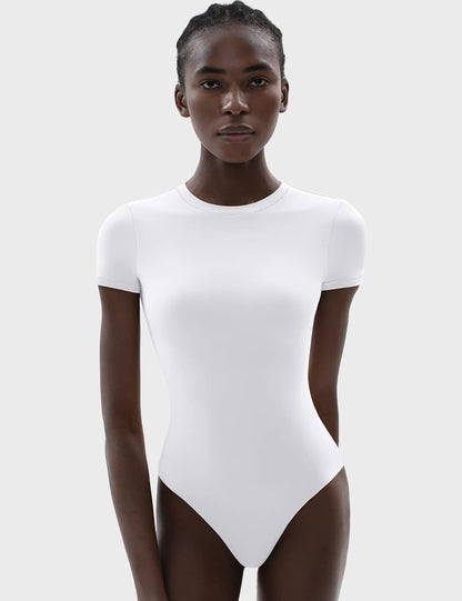 PUMIEY Women's Crew Neck Short Sleeve Thong Bodysuit Fashion T-shirt Tops Smoke Cloud Pro Collection