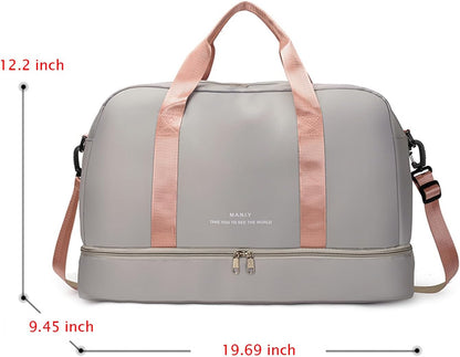 FOAN & MABLE Light Sports Travel Duffel Bag with Shoe Compartment, Large Capacity Gym Bag with Wet Pocket for lady （Grey）