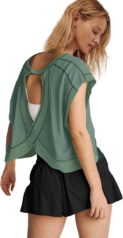 Panadila Womens Open Back Workout Top Oversized Workout T Shirts Backless Athletic Shirt Short Sleeve Baby Tee