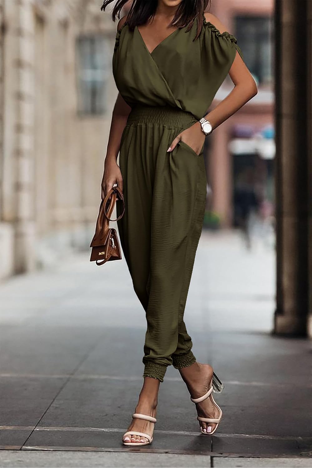 PRETTYGARDEN Jumpsuit for Women Casual Wrap V Neck Cold Shoulder One Piece Outfits Pants Romper (Army Green,Small)