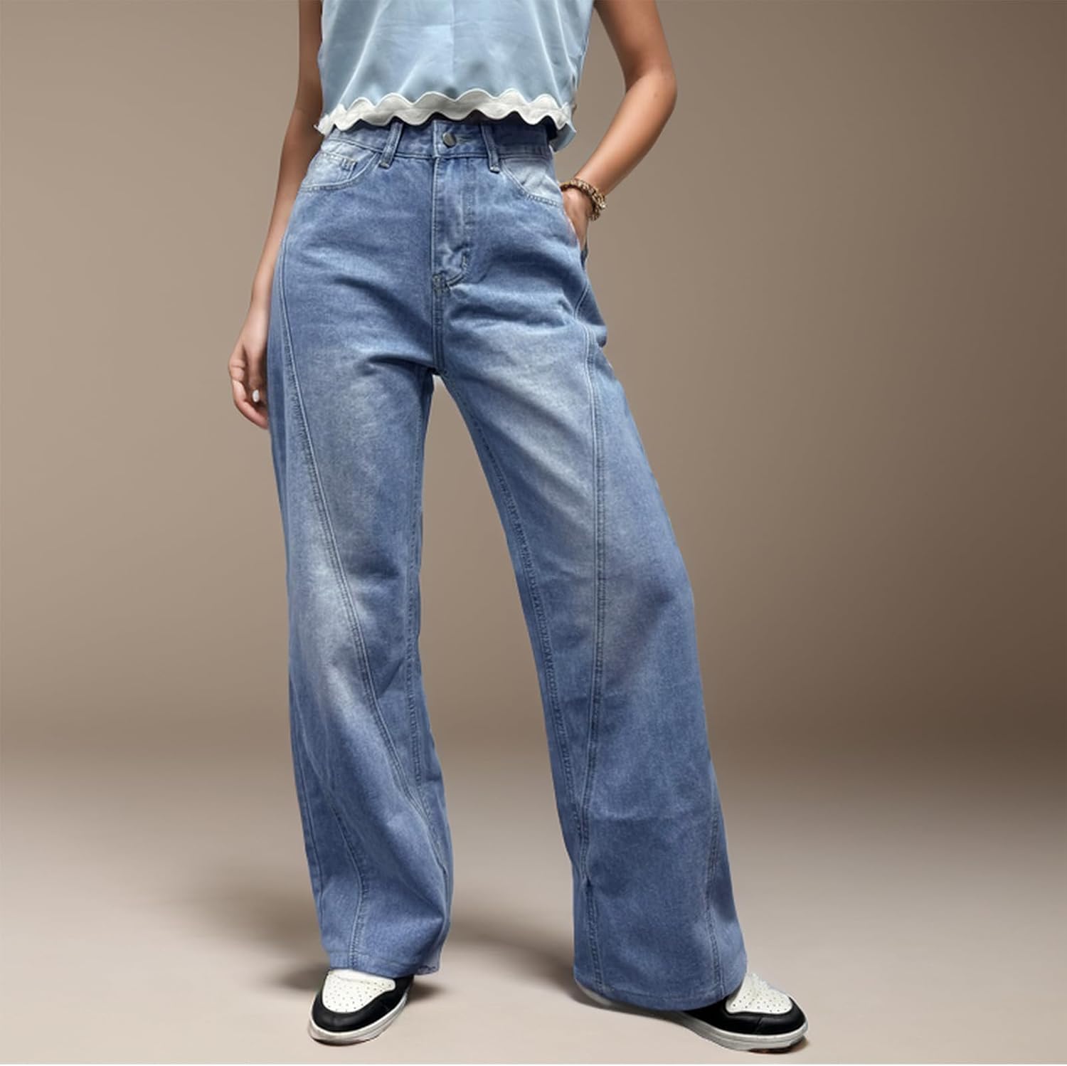 Vintage Mid Waist Jeans for Women Boyfriend Mom Wide Leg Jean Baggy Straight Leg Relaxed Fit Long Denim Pants