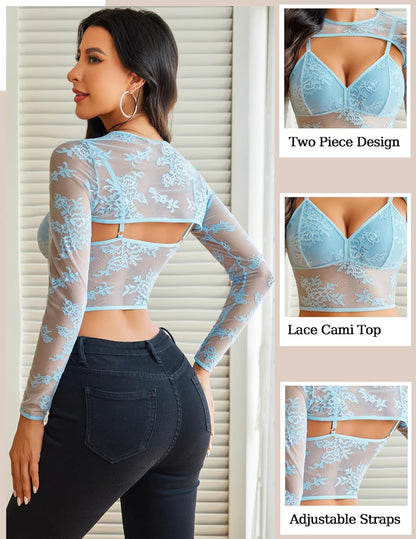 Avidlove Women's Going Out Tops Lace Long Sleeve Crop Top Shirt Shrug Top with Mesh Camisole Set Light Blue