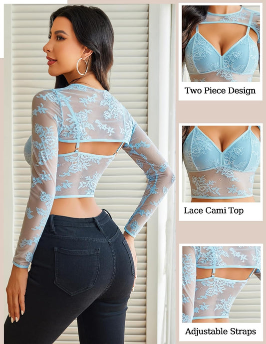 Avidlove Women's Going Out Tops Lace Long Sleeve Crop Top Shirt Shrug Top with Mesh Camisole Set Light Blue