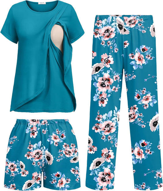 Ekouaer 3 PCS Maternity Nursing Pajamas Set Postpartum Breastfeeding Short Sleeve Shirts, Pregnancy Shorts & Pants Pjs S-XXL