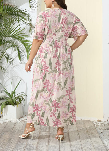 OSTOO Women's Plus Size Hawaii Empire Waist Bat Short Sleeve Casual Floral Print Boho Maxi Dress
