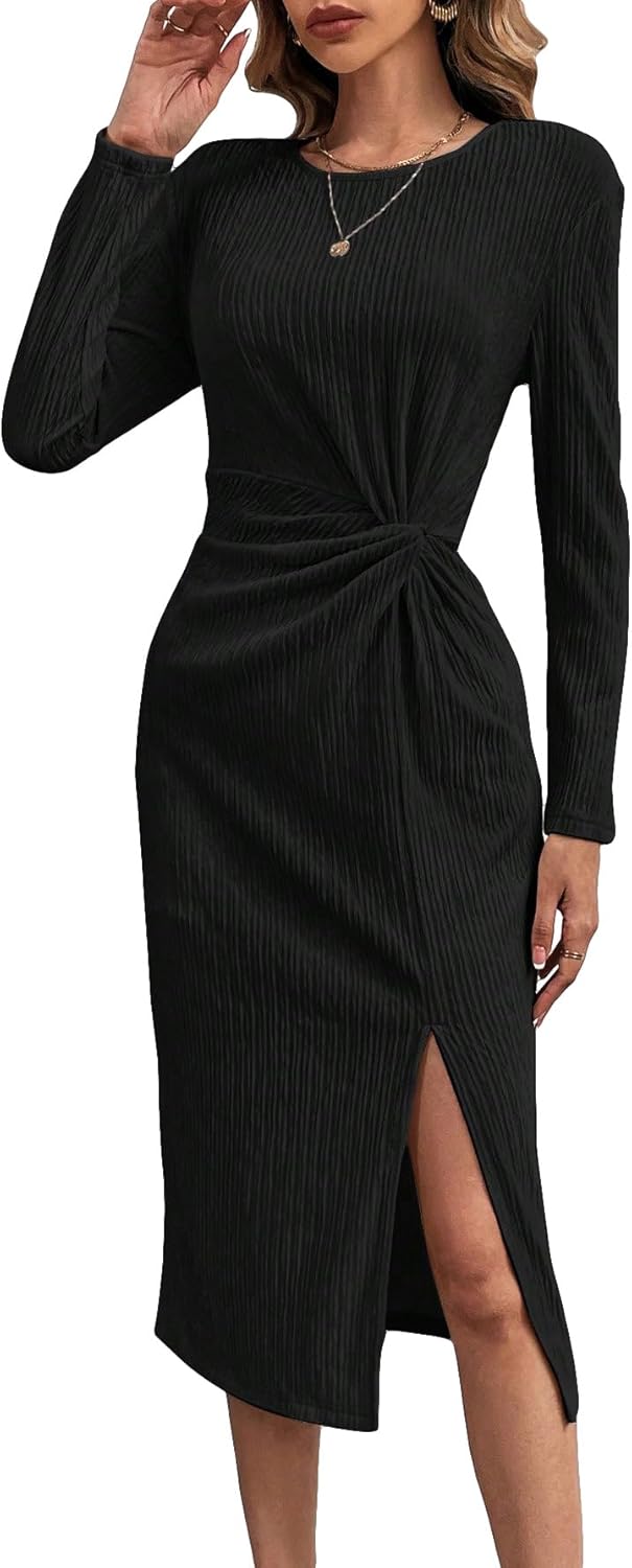SweatyRocks Women's Casual Twist Front Long Sleeve Midi Dress Round Neck Split Thigh Knitted Long Dresses