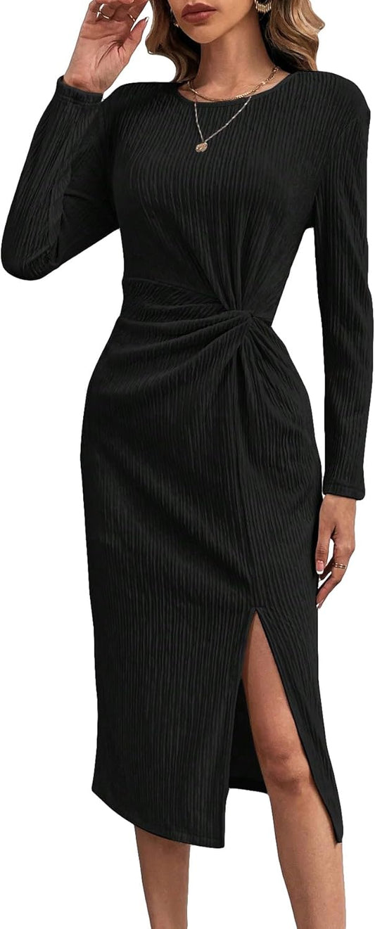 SweatyRocks Women's Casual Twist Front Long Sleeve Midi Dress Round Neck Split Thigh Knitted Long Dresses