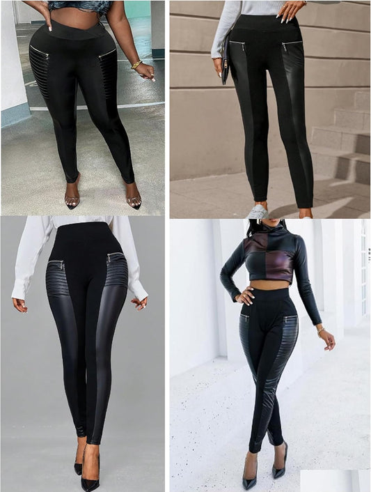Faux Leather Leggings for Women Pleather Pant Elastic Mid Waisted Stretchy Patch Zip Tights