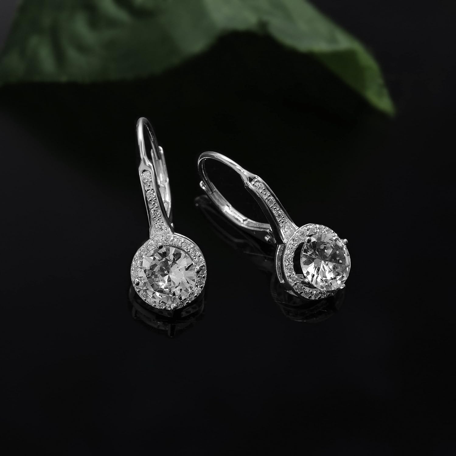 925 Sterling Silver Cubic Zirconia Halo Leverback Dangle Bridal Earrings for Women