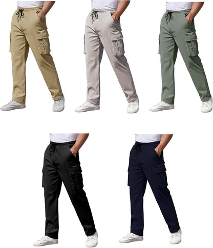 Mens Cargo Pants Drawstring Relaxed Fit Pants Stretch Elastic Waist Work Outdoor Casual Pants with Pockets