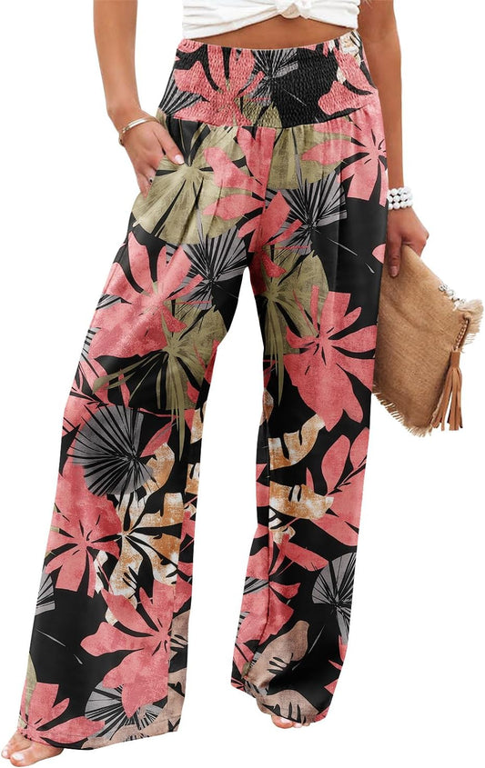 Angerella Womens Elastic High Waisted Palazzo Pants Casual Wide Leg Long Lounge Pant Trousers with Pocket