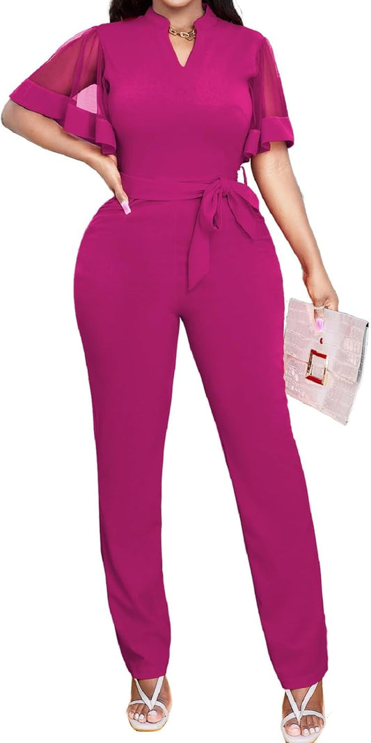 Oxgmoky Women's Jumpsuits Elegant Business V Neck Zipper Long Sleeve Sexy Strap Straight Long Pants Rompers With Pockets