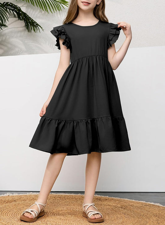 blibean Teen Girls Dresses Kids Double Layer Ruffle Sleeve Dress Size 6-15 Years