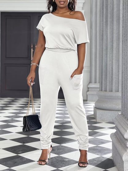 acelyn Casual One Piece Loose Jumpsuit for Women Summer Plus Size Overalls Off Shoulder Pockets Romper