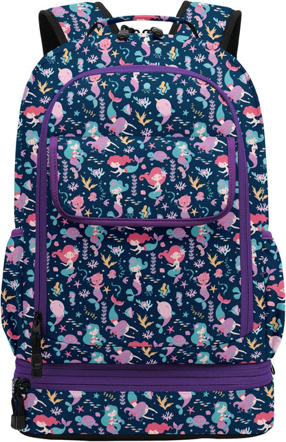 Leaper Water-resistant Cute Mermaid Laptop Backpack Double Deck Lunch Bag Satchel Purple